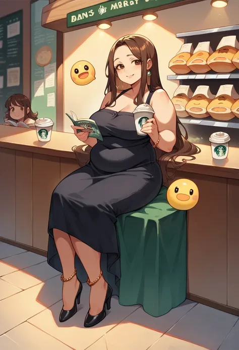 Chubby thic mature pregant japanese wife, brown long hair, Brown eyes, black sexy dress, sitting in a Starbucks with several friends, smiley expression,reading a magazine, high heels, Golden chain anklet