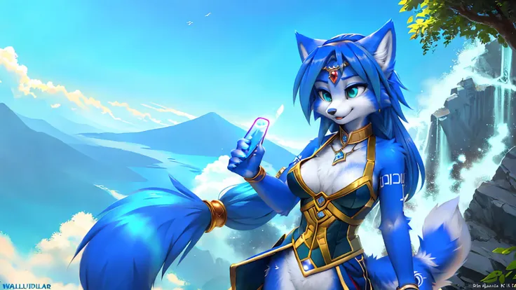 A beautiful and detailed (sweet picture) wa ((krystal)), Star Fox Krystal, sslim, lovable, green eyes, medium breasts, (((Long blue hair 1.3))), Decollete, grin, look up,, anthro, furry, Uploaded E621, detailed fluffy fur, (wa Fluff-Kevlar, Bayard Wu, pers...