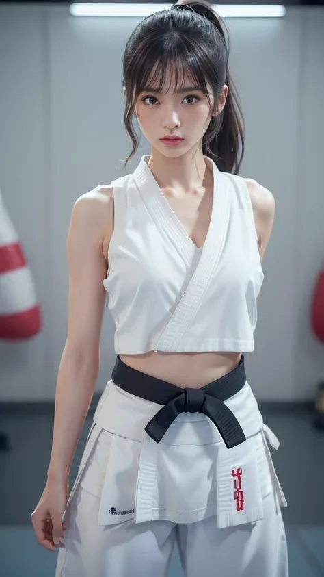 (Sporty bra visible)、(((Sexy Karate Singlet)))、Female karateka with bangs and a ponytail、The navel and under the chest are visible、Glowing Skin、((Embarrassed face))、((Turn away))、((Look to the side))、((Blushing))、(Watery eye)、cry、(((Karate Dojo)))、((Delica...