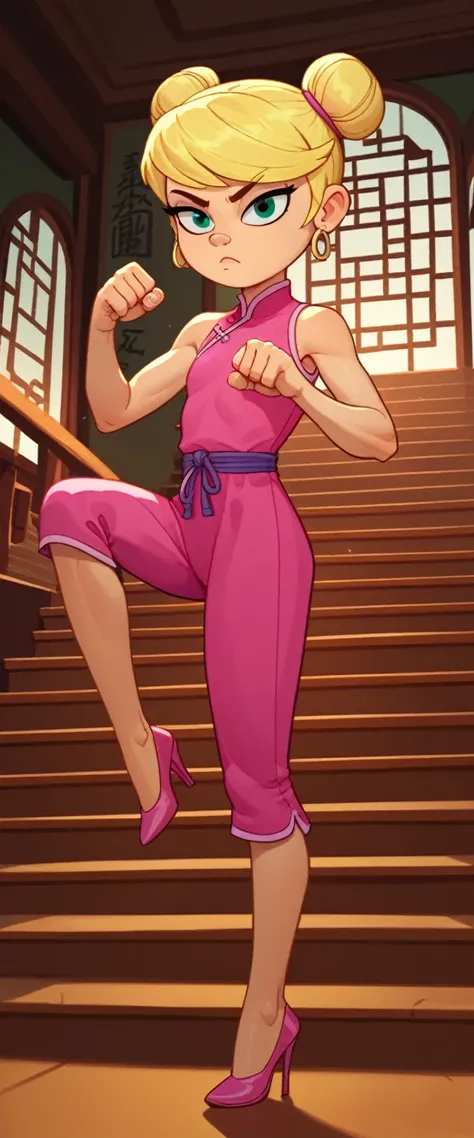 lola loud, 1girl, solo, 7yo girl, child, flat chest, pink cheongsam,  inside of a chinese temple, looking at viewer, blonde hair, two hair buns , hands  score_9, score_8_up, score_7_up, high heels, teep fighting stance,martial arts, stairs behind her, guar...