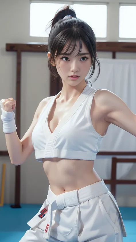 (sporty bra visible)、(((sexy karate singlet)))、female karateka with bangs and a ponytail、the navel and under the chest are visib...