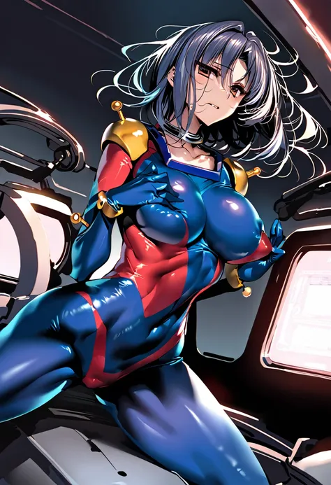 Neck ribbon,Perfect hands, Perfect Fingers,Perfect Anatomy, masterpiece, Highest quality,Anime Style, 16k hdr,One person, Large Breasts,Erect nipples,Blue Hair, Straight Long Hair,Mobile Trace Suit, Shoulder Armor,(Red and blue bodysuit:1.4),Sexy pose, who...