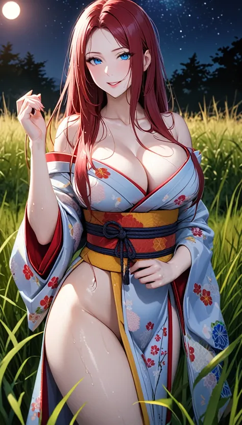 
solo, long hair, breasts, looking at viewer, bangs, big breasts:1.5, hair ornament, cleavage, blue eyes, full body, clip on hair, laughter ,parted lips, japanese clothes, kimono, mole, mole under eye, kushina ,curve body,milf,motherly,mature female,night ...