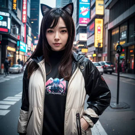 anime girl with long hair and cat ears in a city, digital cyberpunk anime art, cyberpunk anime girl mech, female cyberpunk anime...