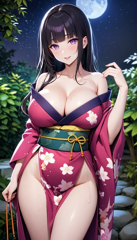 
solo, long hair, breasts, looking at viewer, bangs, big breasts:1.5, hair ornament, cleavage, blue eyes, full body, clip on hair, laughter ,parted lips, japanese clothes, kimono, mole, mole under eye,  ,curve body,milf,motherly,mature female,night sky ,st...