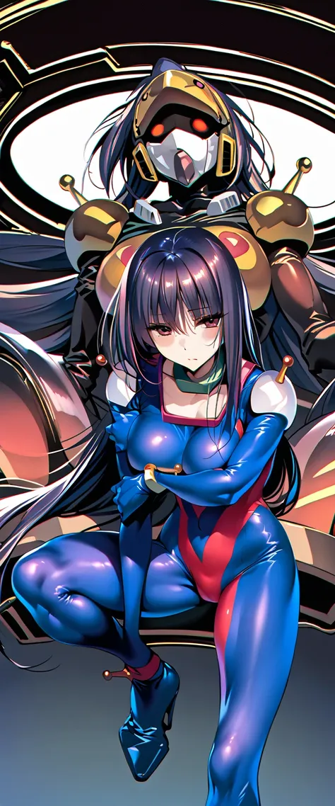 Neck ribbon,Perfect hands, Perfect Fingers,Perfect Anatomy, masterpiece, Highest quality,Anime Style, 16k hdr,One person, Large Breasts,Erect nipples,Blue Hair, Straight Long Hair,Mobile Trace Suit, Shoulder Armor,(Red and blue bodysuit:1.4),Sexy pose, who...