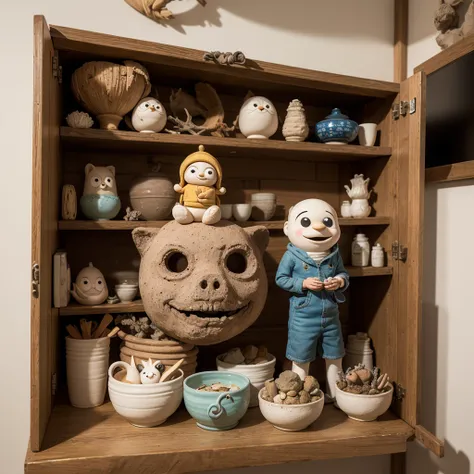 put all the surrounding cabinets with artifacts, clay pots, pottery bowls, driftwood, a diver in the deep sea holding the artifa...