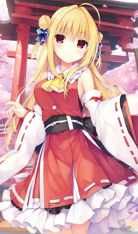 hiyori-default,red eyes,blonde hair, double bun,ahoge,1girl,独奏,detached sleeves,hair bow,red bow,ascot,hair tubes,skirt,frills,red skirt,yellow ascot,wide sleeves,standing,frilled bow,red shirt,frilled skirt,ribbon-trimmed sleeves,frilled shirt collar,bare...