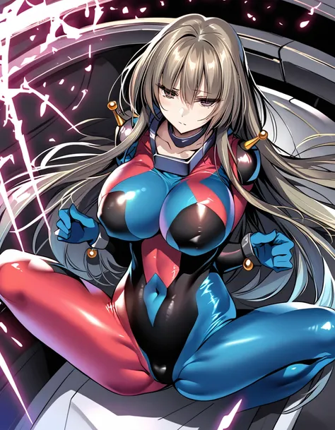 Neck ribbon,Perfect hands, Perfect Fingers,Perfect Anatomy, masterpiece, Highest quality,Anime Style, 16k hdr,2girls, Large Breasts,Erect nipples,Blue Hair, Straight Long Hair,Mobile Trace Suit, Shoulder Armor,(Red and blue bodysuit:1.4),Sexy pose, whole b...