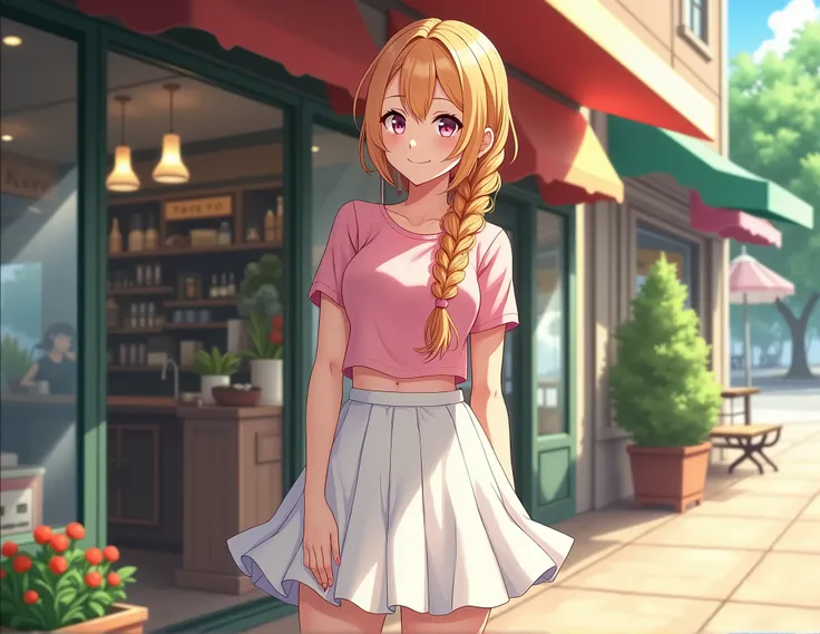 beautiful adult anime woman, fit, long strawberry blonde braided hair, pink short sleeve t-shirt, white circle skirt, sandals, waiting outside store, standing, sunny day