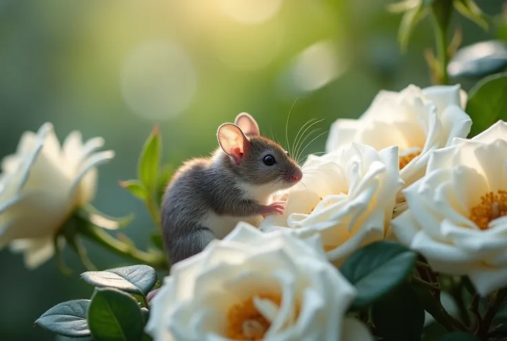 realistic photography, mouse with white Roses 