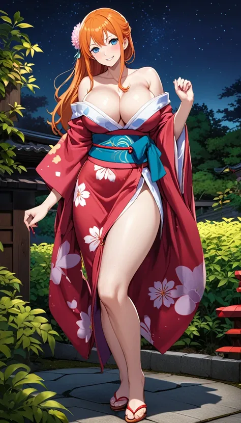 
solo, long hair, breasts, looking at viewer, bangs, big breasts:1.5, hair ornament, cleavage, blue eyes, full body, clip on hair, laughter ,parted lips, japanese clothes, kimono, mole, mole under eye ,curve body,milf,motherly,mature female,night sky ,stan...