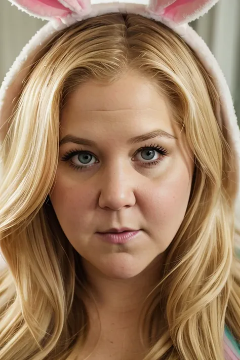 Masterpiece, best quality, promo photo of a Amy Schumer wearing a fluffy pastel bunny costume and staring 1(closeup:1.4), skin texture