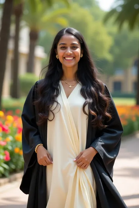 Indian girl with Cream colour chudidar with black graduation gown 
