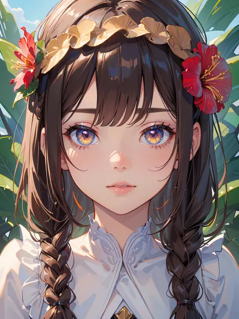 ((best quality)), ((masterpiece)), (detailed), perfect face, ((Best quality, 8k, Masterpiece: 1.3)), Sharp focus A beautiful woman, Highly detailed face and skin texture, Detailed eyes, Double eyelid, A girl with a large flower decoration in her hair, hibi...