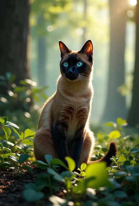 Draw a cat with blue eyes in the forest. Use maximum realism, As in the photo. In the background, draw a clear forest without blurring.