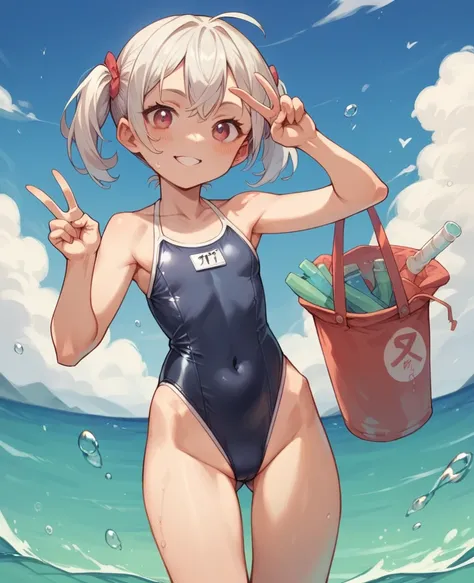 １ girl, young girl, , V-shaped swimsuit, swimsuit with tiny amount of fabric, obscene swimsuit, obscene design, revealing a lot of skin, exposing navel, V-front micro plunge swimsuit, (Black V-front micro plunge swimsuit)