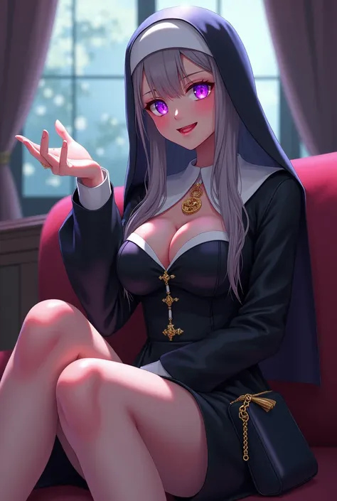 Young and beautiful woman,(Highest quality,Extremely detailed depiction,Incredible high resolution,Anatomically accurate depiction,Curvy Legs,Nice hands,Perfect Fingers),(Glowing Skin,Oilskin),(Nuns,複雑な光沢のあるNunsの服,long handbag),eyelash,(Intense glowing pur...