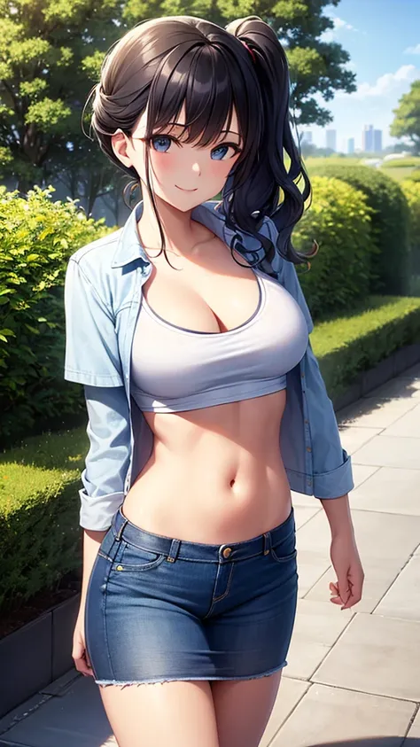 masterpiece, best quality, high detail, beautiful woman, wavy hair, dark blue hair, low ponytail, white cropped t-shirt and unbuttoned jean jacket, black midi pencil skirt, long black pencil skirt, sneakers, midriff, belly button, looking at viewer, wide e...