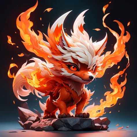 Create an image of a fire wolf puppy monster., The body is transparent and can be seen through. The image is sharp and detailed., with beautiful colors.. With arms, leg, eyes, mouth, พื้นหลังสีlegว