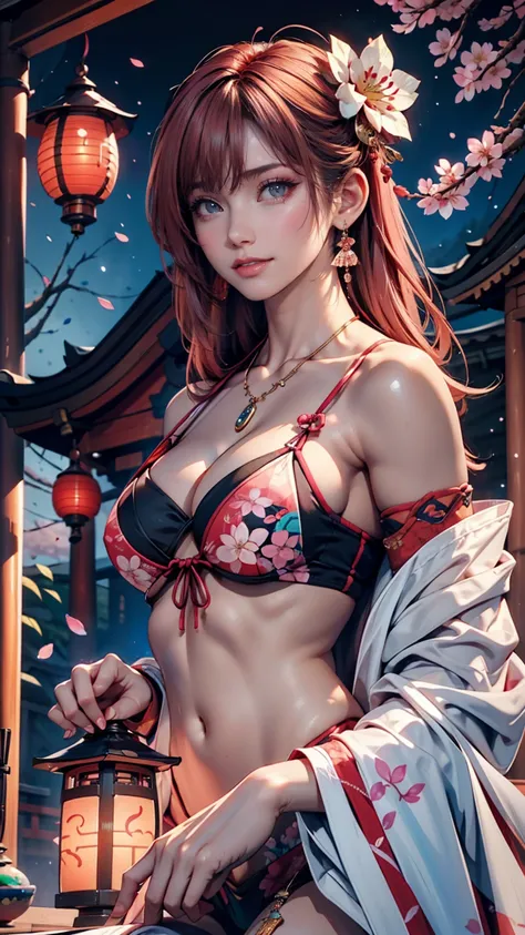 One person, (Urzan-6500:0.7), K-Pop Idols, yae miko, bikini, Removable sleeves, Exposing shoulders, Pink Hair, Long Hair, スーパーマイクロbikini, Highest quality, (Painting:1.5), (hair ornaments:1.35), jewelry, Purple eyes, Earrings, chest, torii, cherry blossoms,...