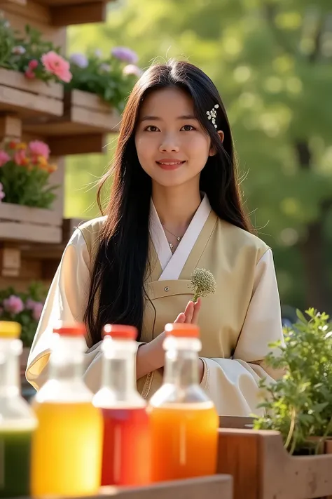 The presenter is a Korean woman, approximately 20 years old, selling herbal water.
