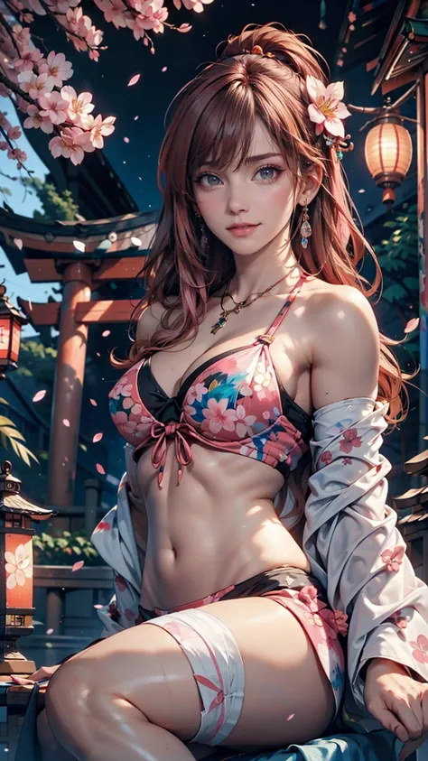 One person, (Urzan-6500:0.7), K-Pop Idols, yae miko, bikini, Removable sleeves, Exposing shoulders, Pink Hair, Long Hair, スーパーマイクロbikini, Highest quality, (Painting:1.5), (hair ornaments:1.35), jewelry, Purple eyes, Earrings, chest, torii, cherry blossoms,...