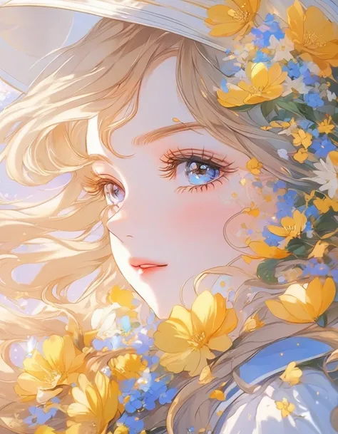 a close up of a person holding a bunch of flowers, detailed anime soft face, stunning anime face portrait, pinterest anime, beautiful anime portrait, 🌸 🌼 💮, very beautiful fantasy art, beautiful anime art, beautiful fantasy painting, beautiful fantasy art ...