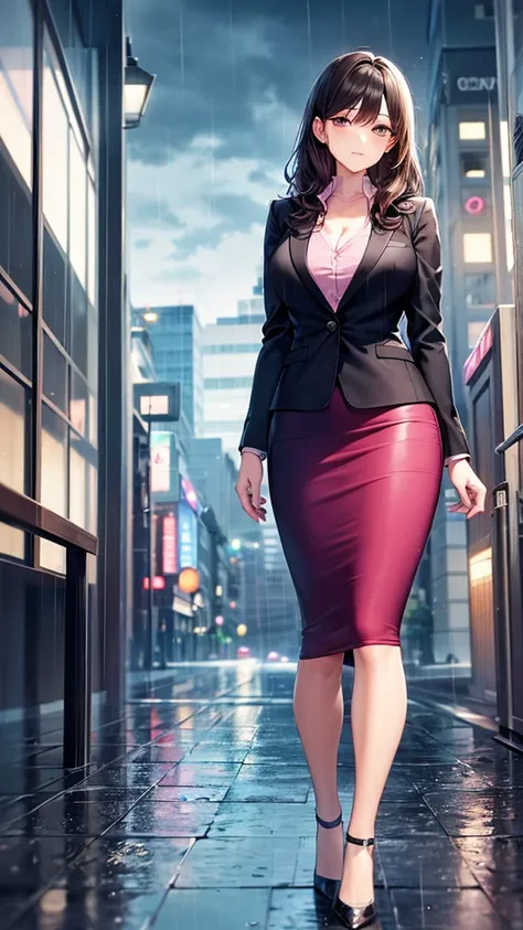 masterpiece, best quality, high detail, beautiful business woman, wavy hair, dark brown hair, business suit, black blazer, ((pink blouse)), black ((midi pencil skirt)), long black pencil skirt, heels, looking at viewer, rainy backdrop, storm, clouds, city ...