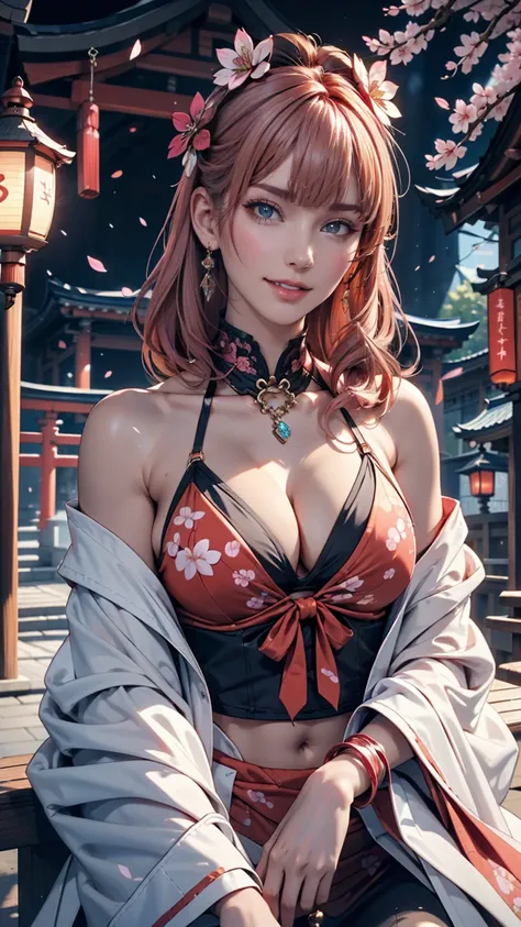 One person, (Urzan-6500:0.7), K-Pop Idols, yae miko, bikini, Removable sleeves, Exposing shoulders, Pink Hair, Long Hair, スーパーマイクロbikini, Highest quality, (Painting:1.5), (hair ornaments:1.35), jewelry, Purple eyes, Earrings, chest, torii, cherry blossoms,...