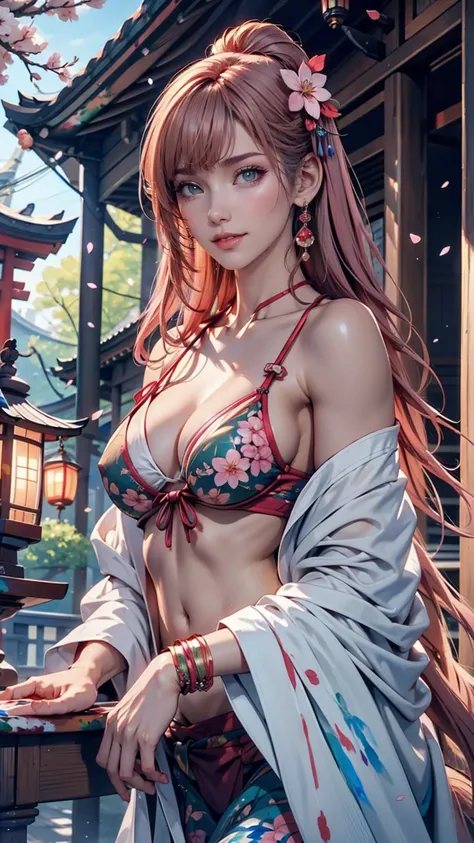 One person, (Urzan-6500:0.7), K-Pop Idols, yae miko, bikini, Removable sleeves, Exposing shoulders, Pink Hair, Long Hair, スーパーマイクロbikini, Highest quality, (Painting:1.5), (hair ornaments:1.35), jewelry, Purple eyes, Earrings, chest, torii, cherry blossoms,...