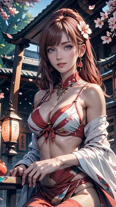 One person, (Urzan-6500:0.7), K-Pop Idols, yae miko, bikini, Removable sleeves, Exposing shoulders, Pink Hair, Long Hair, スーパーマイクロbikini, Highest quality, (Painting:1.5), (hair ornaments:1.35), jewelry, Purple eyes, Earrings, chest, torii, cherry blossoms,...