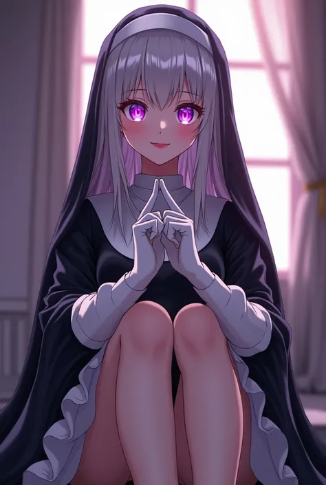 Young and beautiful woman,(Highest quality,Extremely detailed depiction,Incredible high resolution,Anatomically accurate depiction,Curvy Legs,Nice hands,Five perfect fingers),(Glowing Skin,Oilskin),(Nuns,複雑な光沢のあるNunsの服,White gloves:1.2),eyelash,(Intense gl...