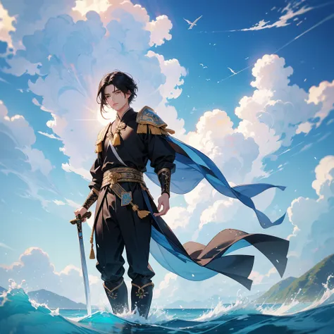 a beautiful woman black-haired male general holding a large sword in ancient Chinese general costume, walking on the beach. The sea is blue, the sky is clear, and there are low clouds. The sun shines and the sun rises.