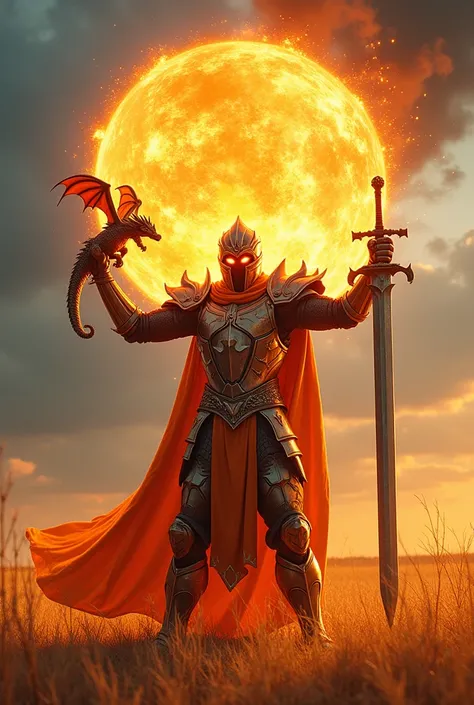 A fire knight with sturdy battle armor, emitting blazing fire with glowing red eyes, wielding a fire sword at his waist, and with both hands casting the inverno spell, a massive fireball, against the backdrop of a vast field, striking a pose with his sword...