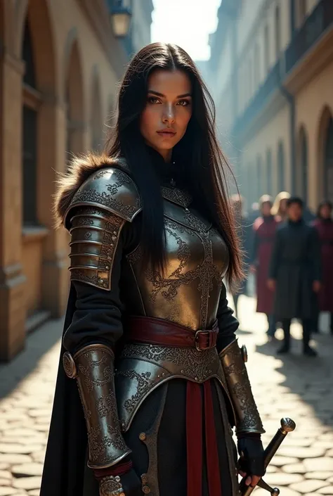 score_9_up score_8_up score_7_up, female_solo ( Ukraine Supermodel), hazel eyes, black hair, slender hot body proportion, medium breast, witchblade, cleavage, erected nipples, intricate details, perfect, Witcher wolf Armor, (1Huge Sword, Large sword), dept...