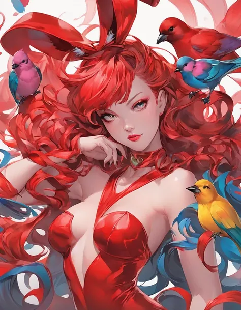 a close up of a woman in a red costume with a bird on her shoulder, artgerm and james jean, artgerm greg rutkowski _ greg, featured on artgerm, artgerm style, as seen on artgerm, artgerm colorful!!!, artgerm julie bell beeple, jessica rabbit, artgerm comic...