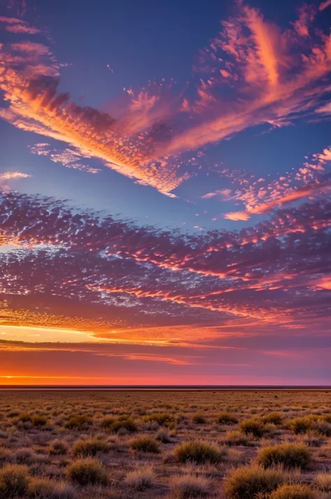 A breathtaking sunset over the expansive plains of eastern New Mexico, Llano Estacado. The sky is painted with vibrant hues of orange, pink, and purple, casting a warm glow over the vast, open landscape. Wispy clouds add texture to the sky, while the flat ...