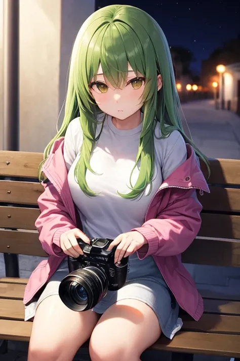 Seems nice and mysterious、A big sister with fluffy, long green hair、Wearing a pink jacket over a white shirt、Carrying a large digital camera、Sitting on a bench in the park at night、drinking a can of soda together。（The digital camera is placed on the bench....