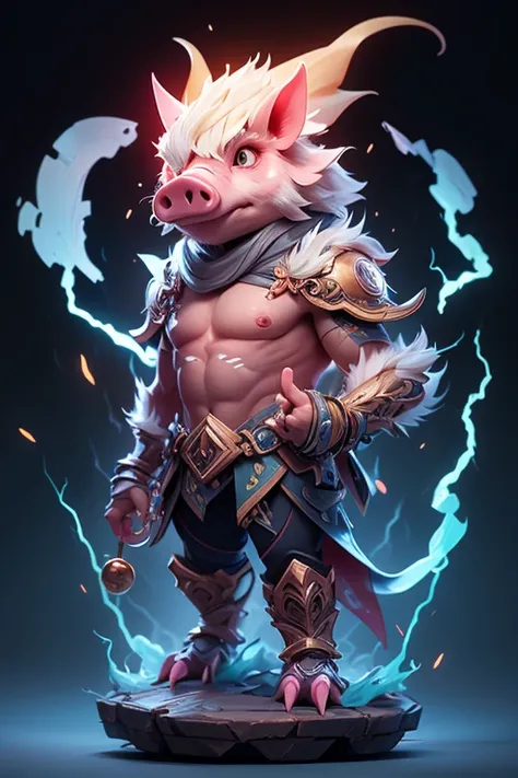 Create an image of a pig monster with lightning element., The body is transparent and can be seen through. The image is sharp and detailed., with beautiful colors.. With arms, leg, eyes, mouth, พื้นหลังสีlegว