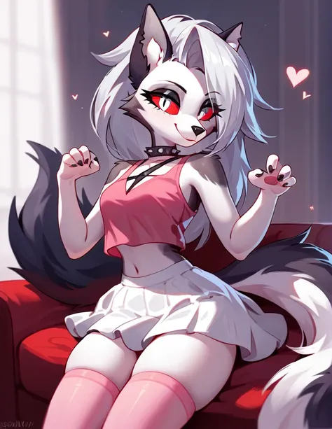 score_9,score_8_up,score_7_up, source_cartoon, source_furry, loona from helluva boss, hellhound, long white hair, hair in a pony...