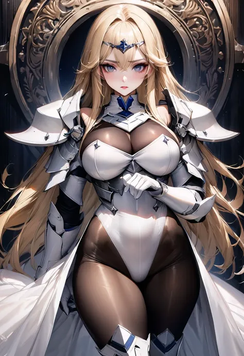 ((highest quality)), ((masterpiece)), ((hyperrealistic)), (solo), 1girl, 18 years old, ((curvy)), ((Tight and digging into the skin: 1.2)), perfect face, ((Azur Lane)), ((armored dress)), ((white paladin armor)), ((skin-tight pantyhose white leotard: 1.4))...