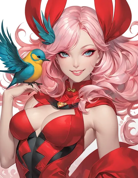 a close up of a woman in a red costume with a bird on her shoulder, (smile),artgerm and james jean, artgerm greg rutkowski _ greg, featured on artgerm, artgerm style, as seen on artgerm, artgerm colorful!!!, artgerm julie bell beeple, jessica rabbit, artge...