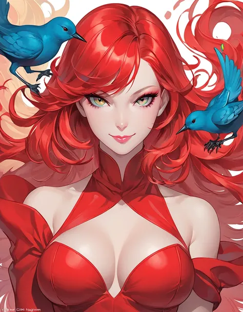 a close up of a woman in a red costume with a bird on her shoulder, (smile),artgerm and james jean, artgerm greg rutkowski _ greg, featured on artgerm, artgerm style, as seen on artgerm, artgerm colorful!!!, artgerm julie bell beeple, jessica rabbit, artge...