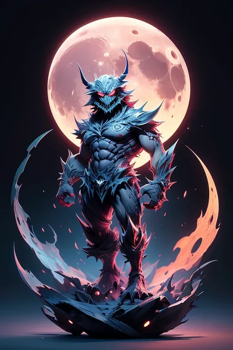 Create an image of a monster moon., The body is transparent and can be seen through. The image is sharp and detailed., with beautiful colors.. With arms, leg, eyes, mouth, พื้นหลังสีlegว