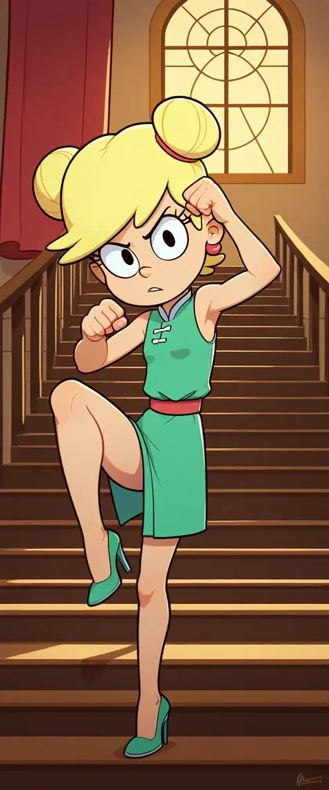 leni loud, 1girl, solo, 7yo girl, child, flat chests, green cheongsam,  inside of a chinese temple, looking at viewer, blonde ha...