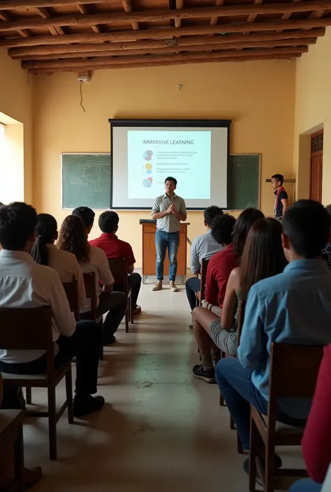 Group of people gathered in a neighborhood hall with a 25-year-old Brazilian male speaker presenting a slide with the title: IMMERSIVE LEARNING. The environment is a neighborhood environment, without luxury. People wear basic everyday clothes and the speak...