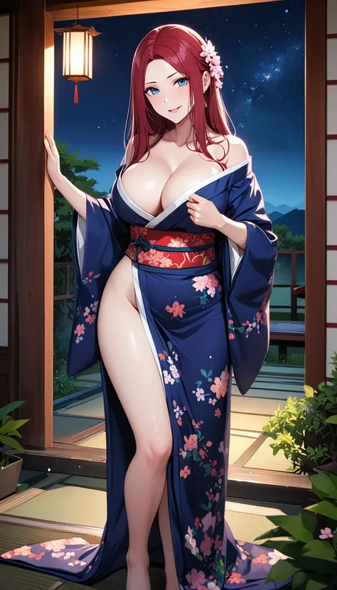 
solo, long hair, breasts, looking at viewer, bangs, big breasts:1.5, hair ornament, cleavage, blue eyes, full body, clip on hair, laughter ,parted lips, japanese clothes, kimono, mole, mole under eye, kushina ,curve body,milf,motherly,mature female,night ...