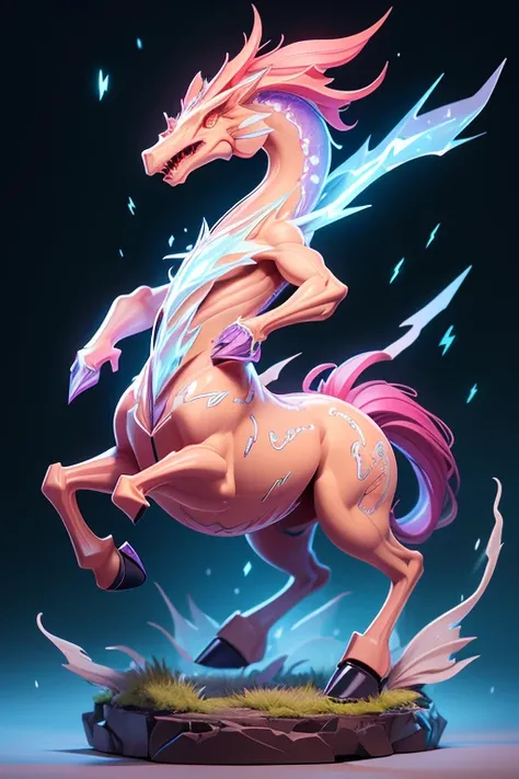 Create an image of a lightning horse monster, The body is transparent and can be seen through. The image is sharp and detailed., with beautiful colors.. With arms, leg, eyes, mouth, พื้นหลังสีlegว