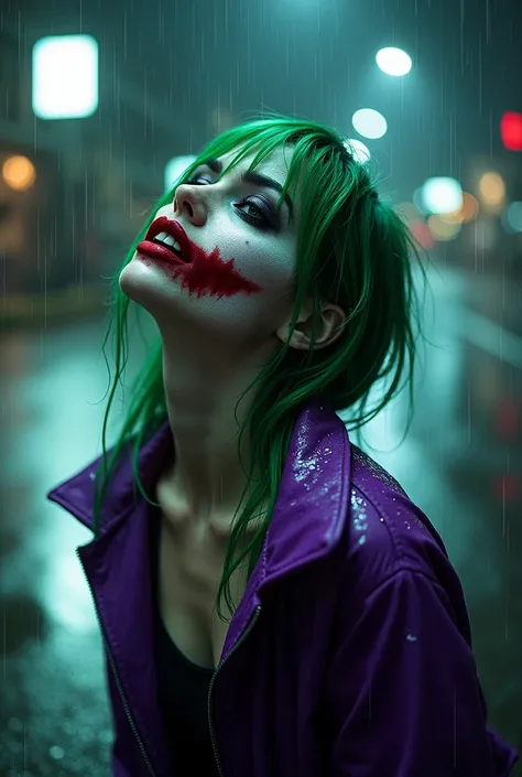 She stands on the rain-soaked asphalt, a striking figure enveloped by the chaos of the night. The rain cascades down her body, each droplet tracing its path over the white makeup on her face, smudging the dark eyeshadow and mingling with the crimson streak...